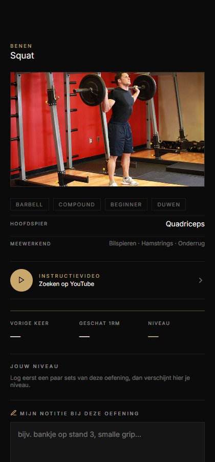 Een oefeningdetail in Athverge met foto, spiergroepen, instructievideo en je vorige prestatie
