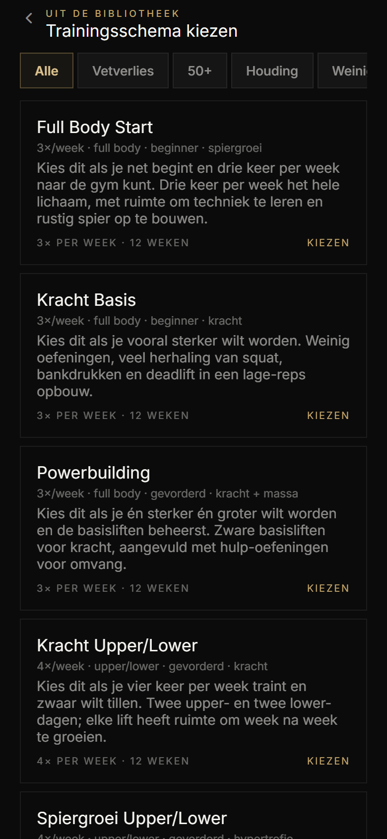 De schema-bibliotheek van Athverge met schema’s per doel, niveau en dagen per week