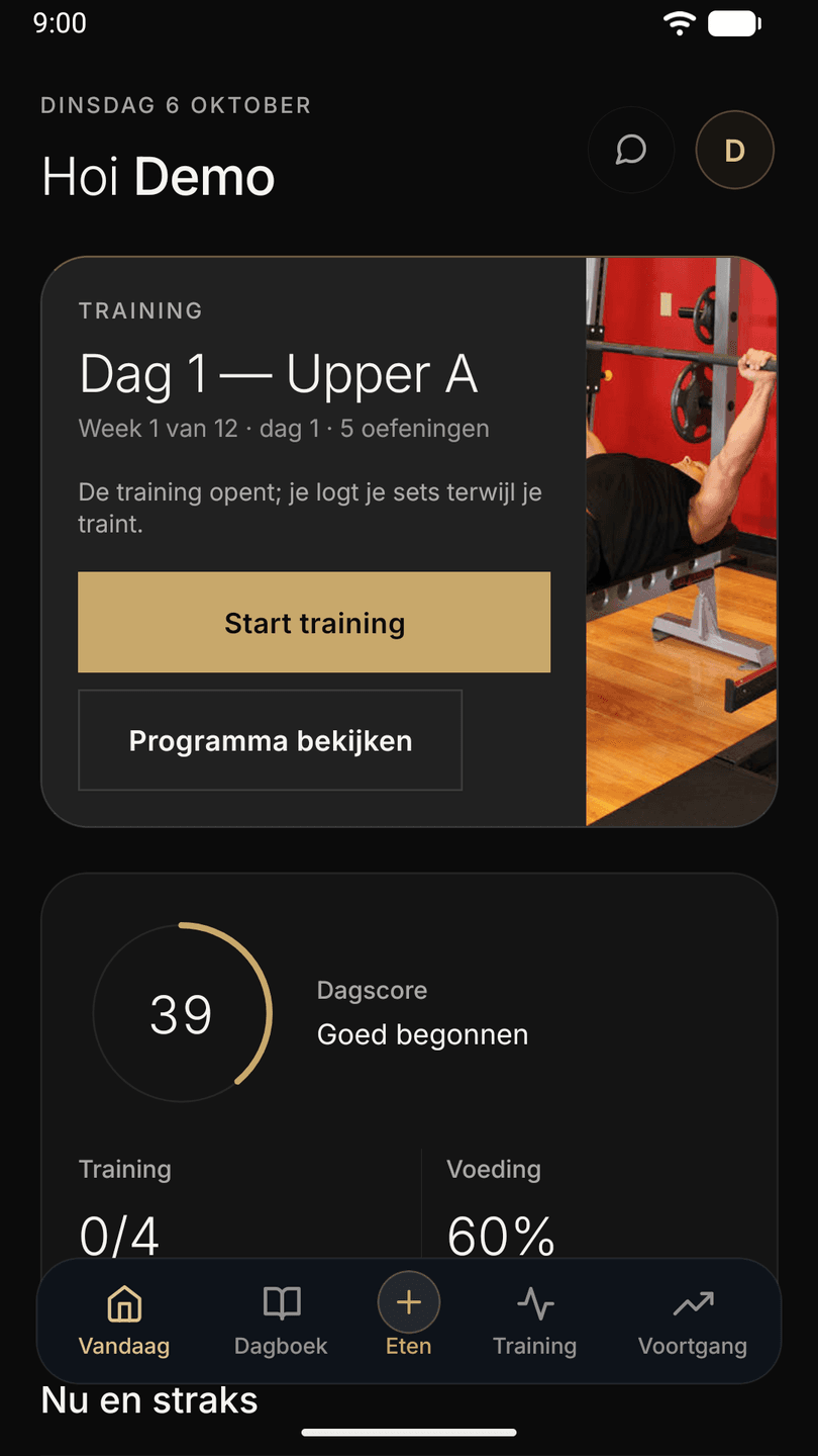 Het Vandaag-scherm van Athverge op een trainingsdag, met de training van vandaag en de dagscore
